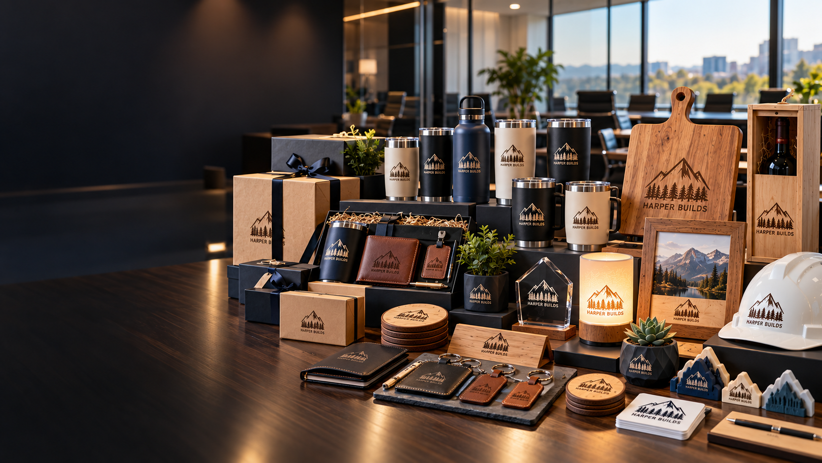 Engraved tumblers, a timber board, photo frame, award and hard hat, all branded for one team