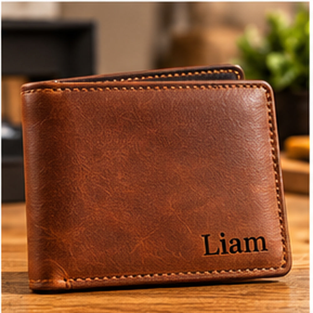 Personalised leather wallet with engraved name Liam on front