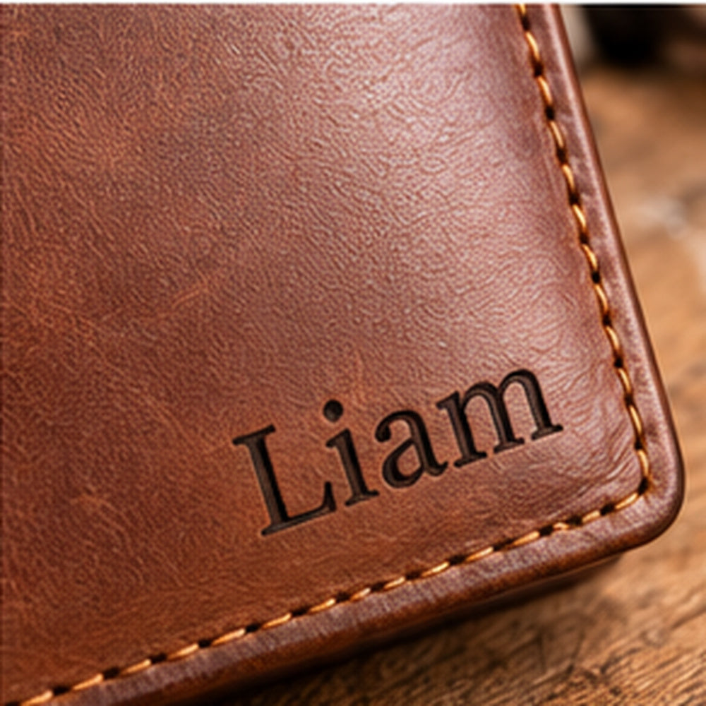 Close-up of engraved name Liam and leather stitching detail