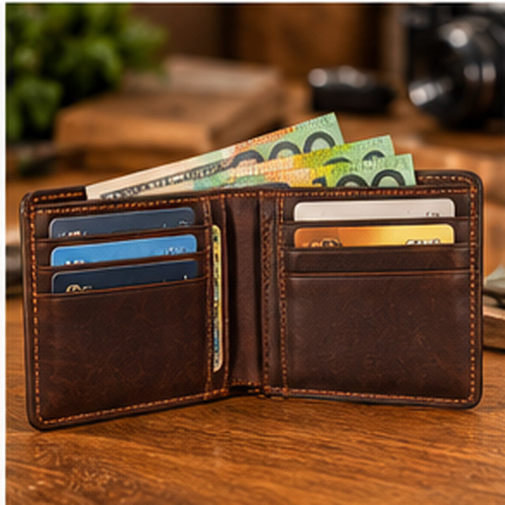 Open engraved leather wallet showing card slots and cash compartment