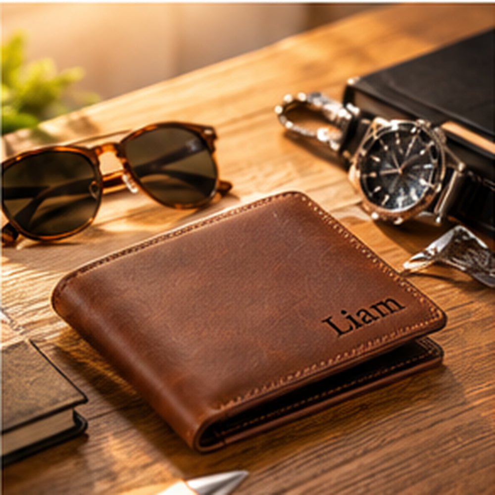 Engraved leather wallet styled on a timber desk