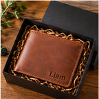 Engraved leather wallet presented in a gift box