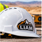 Custom name sticker applied to a construction hard hat
