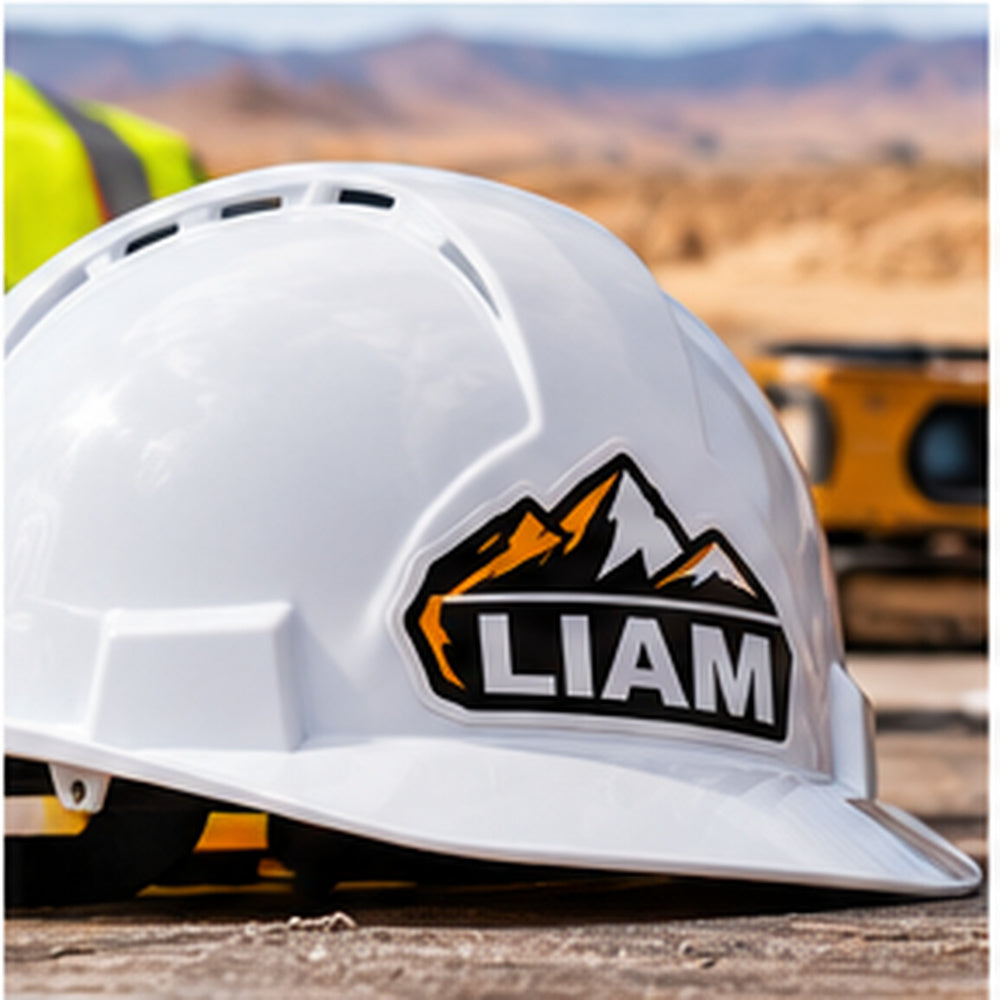 Custom name sticker applied to a construction hard hat