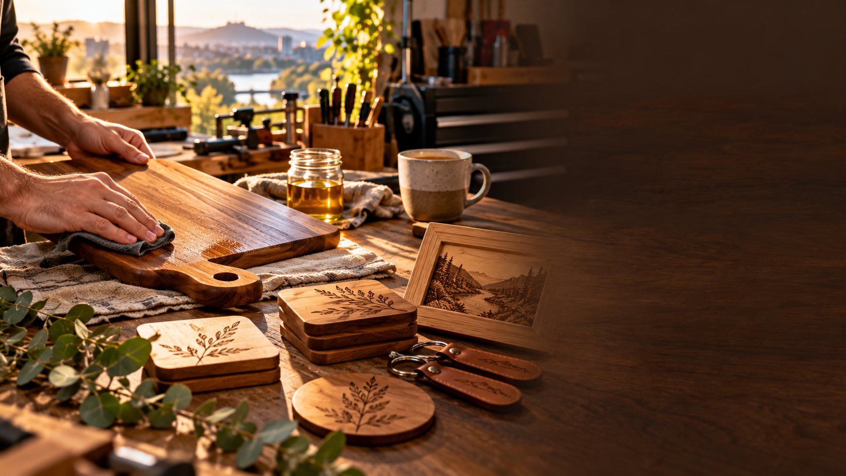 Hands oiling a timber cutting board beside engraved coasters, a photo frame and leather keyrings