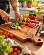 Engraved timber cutting board used in a home kitchen
