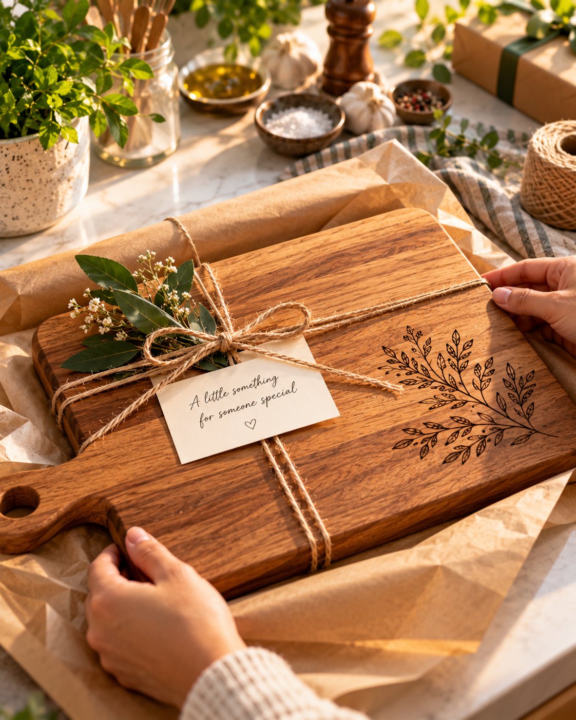 Engraved cutting board wrapped as a gift with a handwritten tag