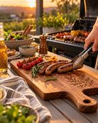 Engraved serving board with barbecue at sunset