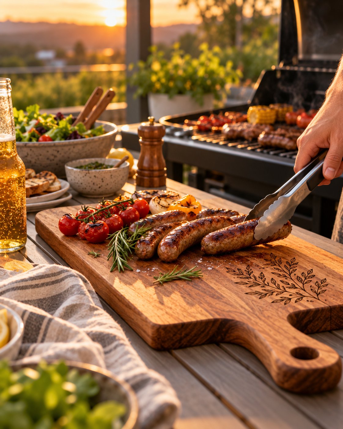 Engraved serving board with barbecue at sunset