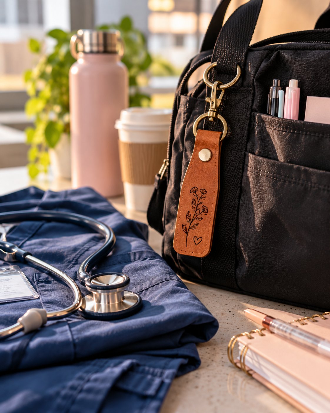 Engraved leather keyring clipped to a nurse's work bag