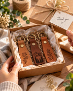 Three engraved leather keyrings in a gift box