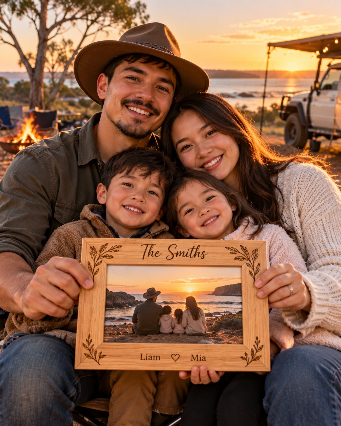 Family holding an engraved timber photo frame at an outback campsite