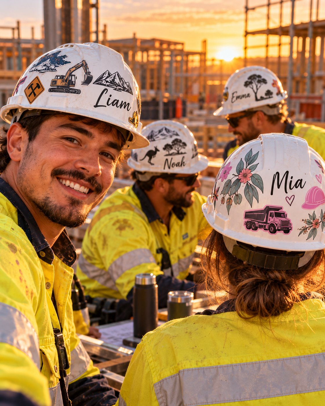 Custom stickers on hard hats at a construction site