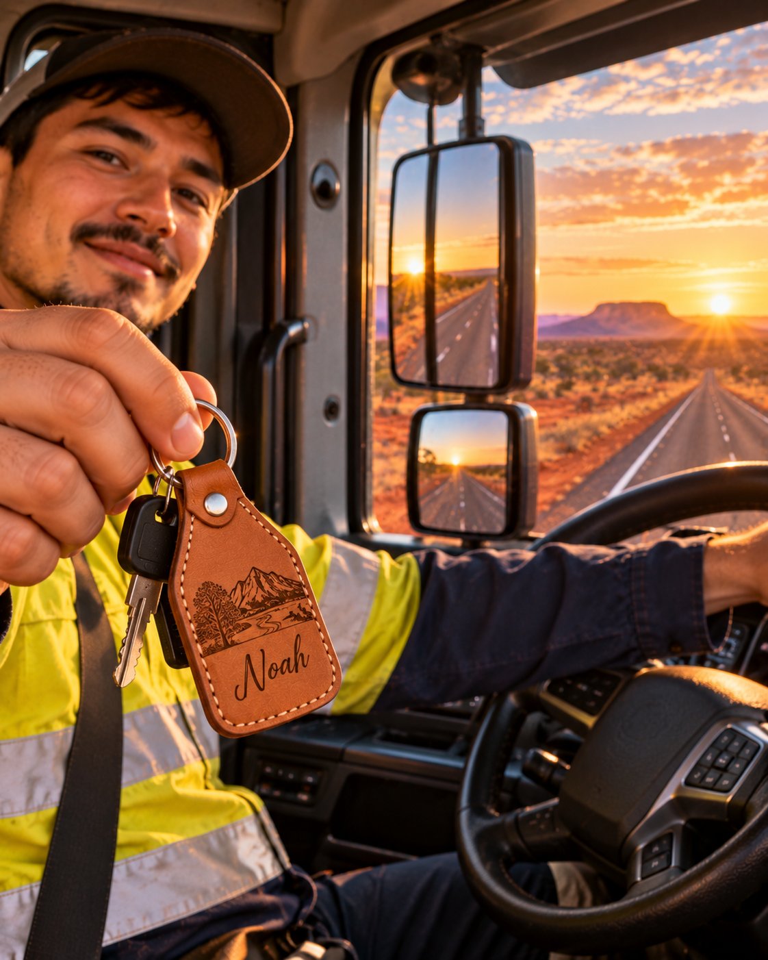 Truck driver holding keys with an engraved leather keyring in the cab