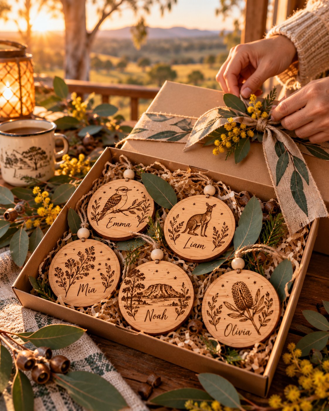 Gift box of engraved wooden Christmas ornaments with native wattle