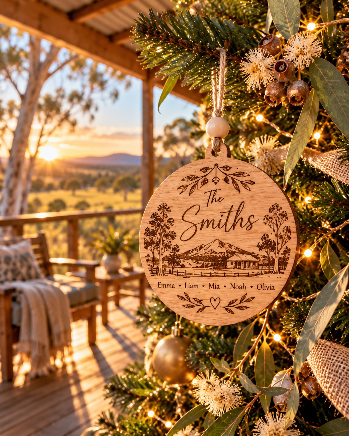 Personalised wooden Christmas ornament on a tree with Australian gum leaves
