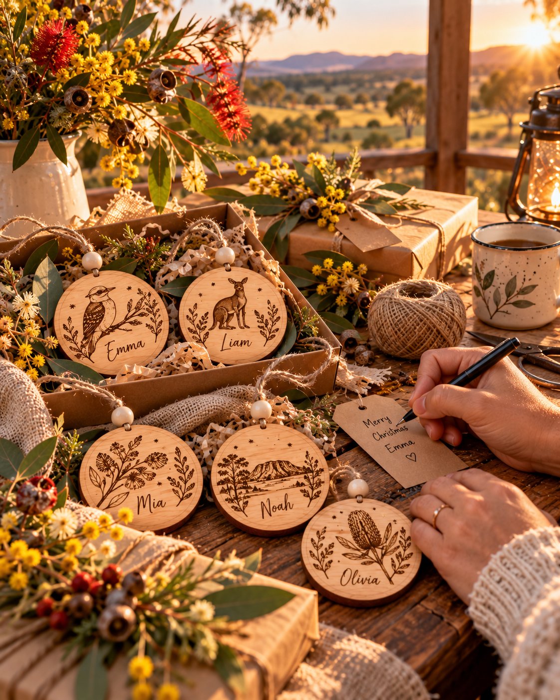 Hands writing a gift tag beside engraved wooden ornaments