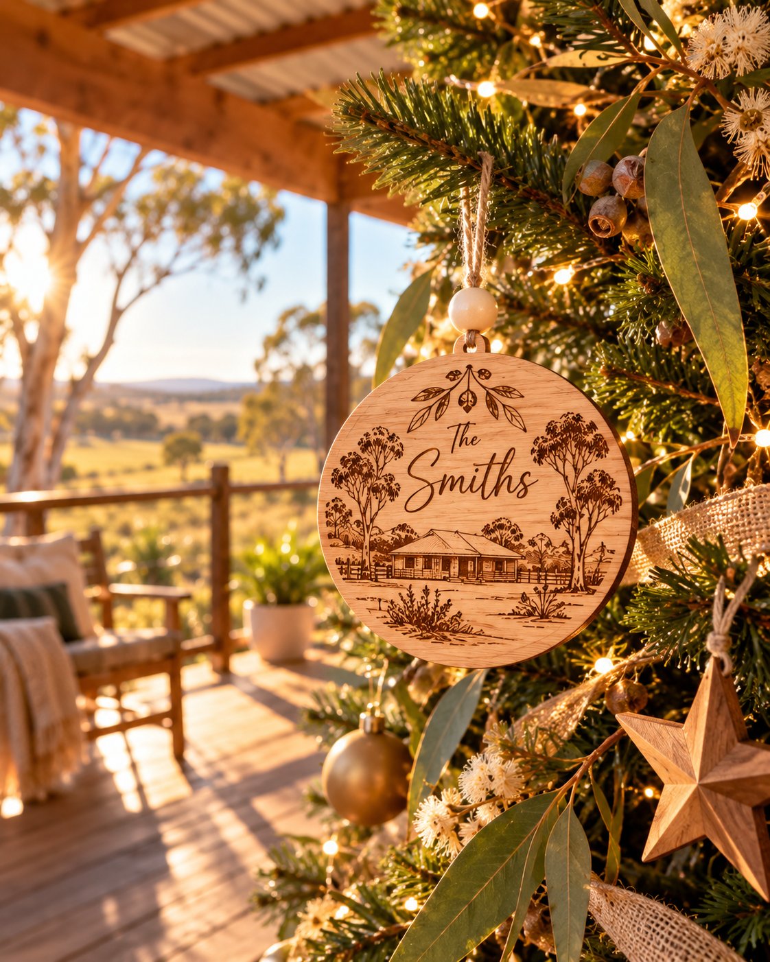 Engraved wooden ornament on a Christmas tree on a country verandah