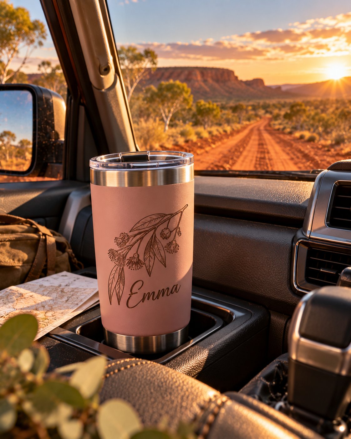 Engraved tumbler in a 4WD cup holder on an outback track