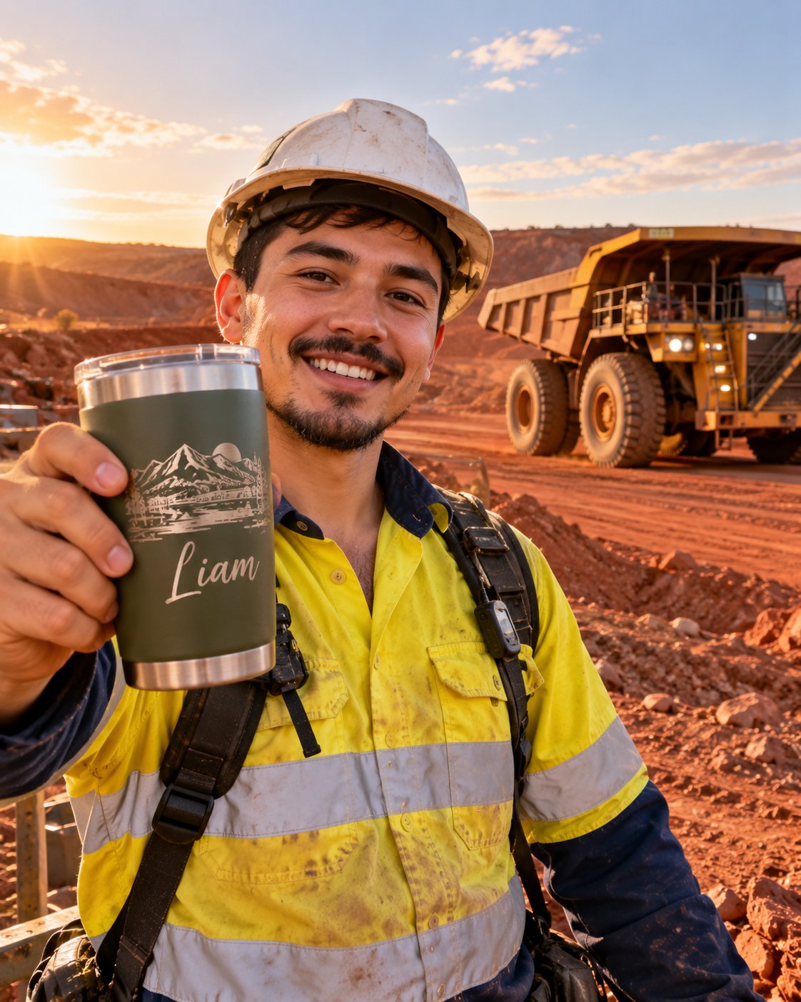 Smiling worker in hi-vis holding an engraved tumbler at a mine site