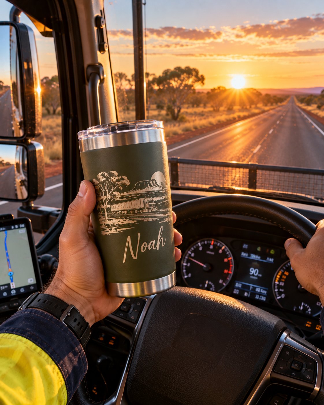 Truck driver holding an engraved tumbler in the cab at sunrise