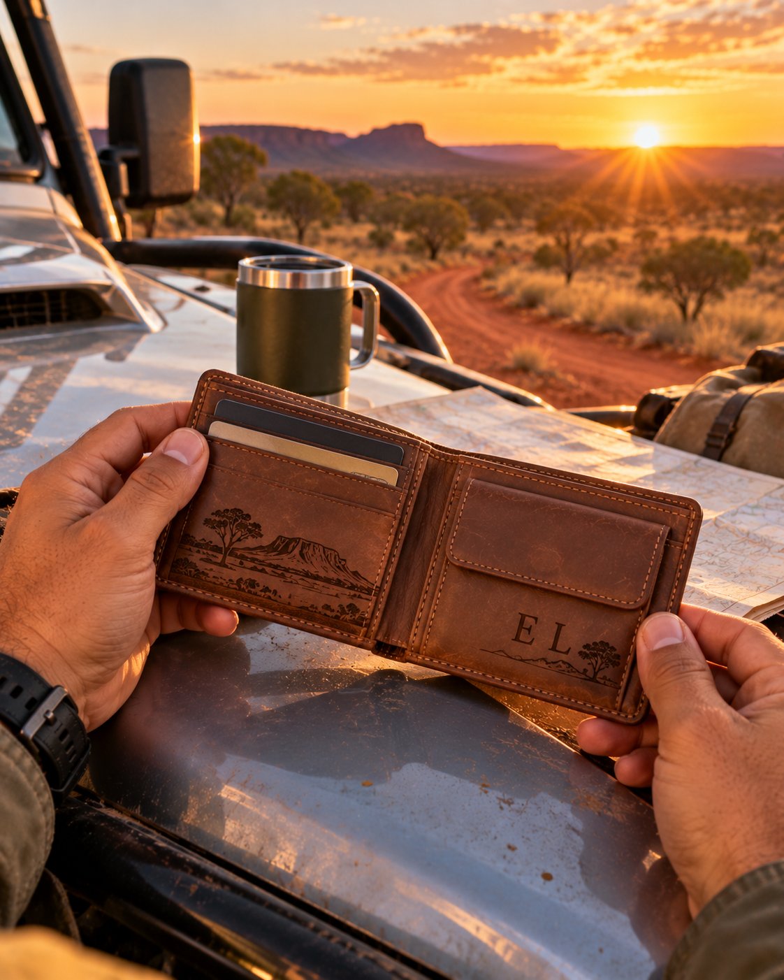 Engraved leather wallet on the bonnet of a 4WD in the outback