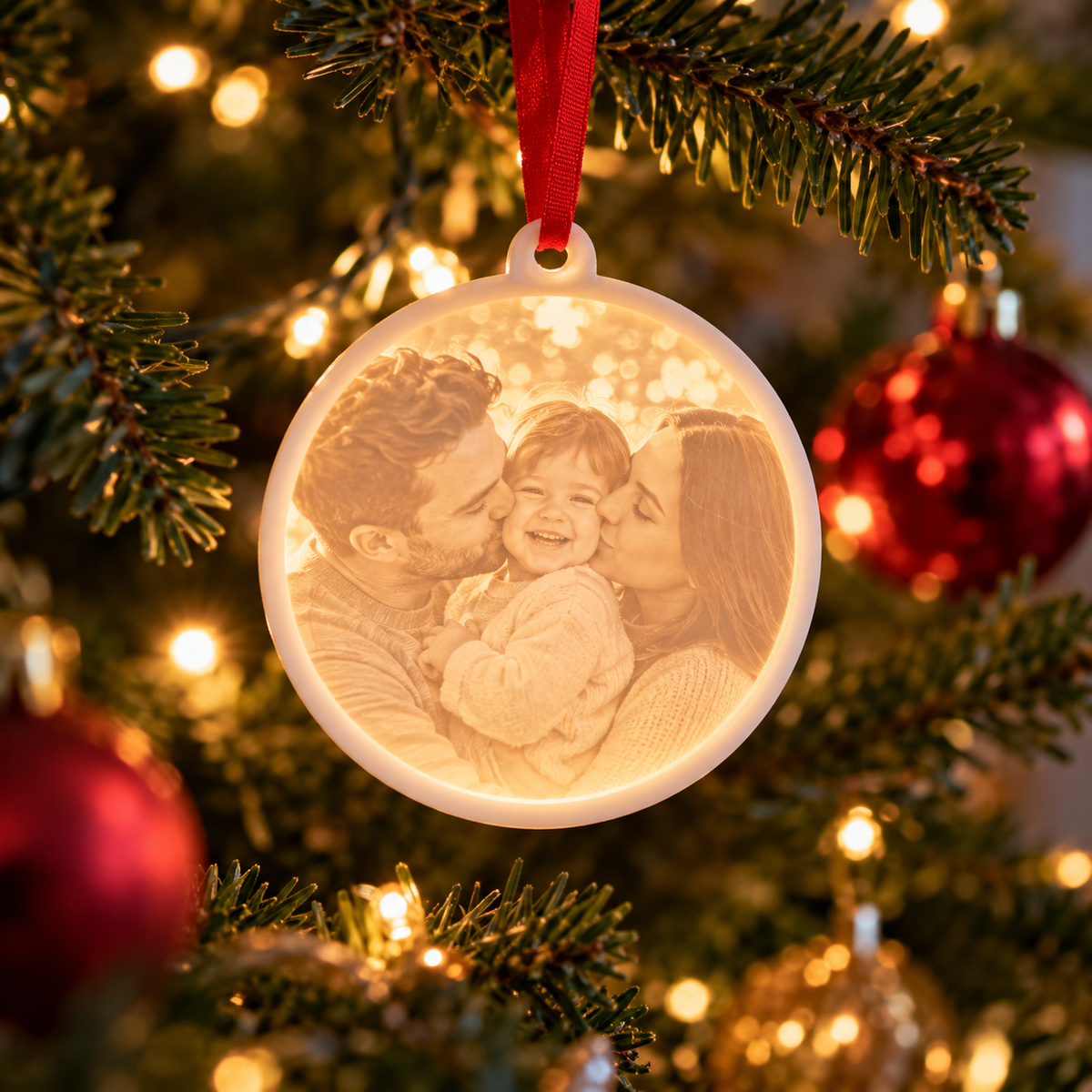 Photo Lithophane Christmas Ornament glowing on a Christmas tree with a generic family photo