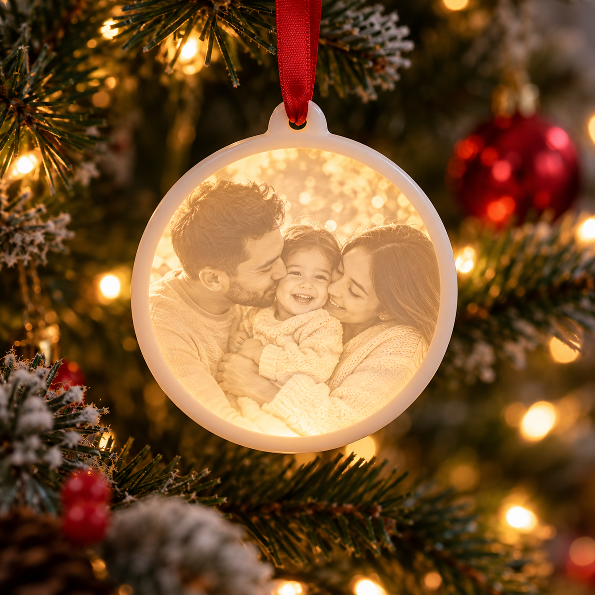 Photo Lithophane Christmas Ornament detail glowing with a generic family photo