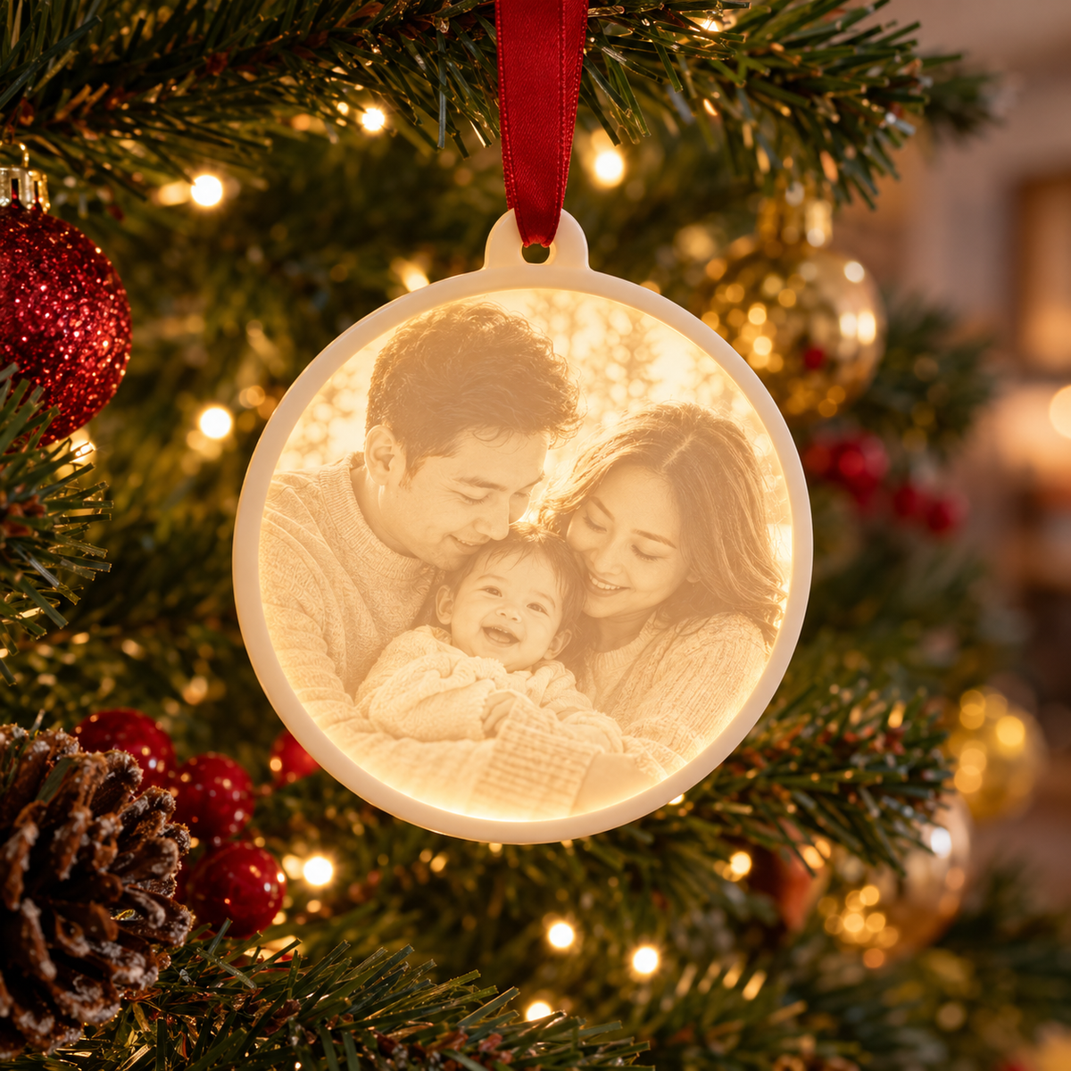 Round Photo Lithophane Christmas Ornament glowing on a Christmas tree