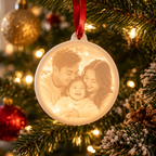 Round Photo Lithophane Christmas Ornament with a glowing generic family photo