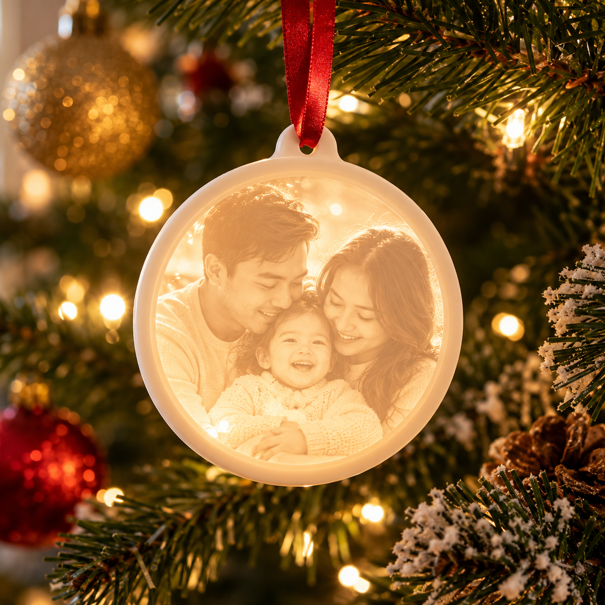 Round Photo Lithophane Christmas Ornament with a glowing generic family photo