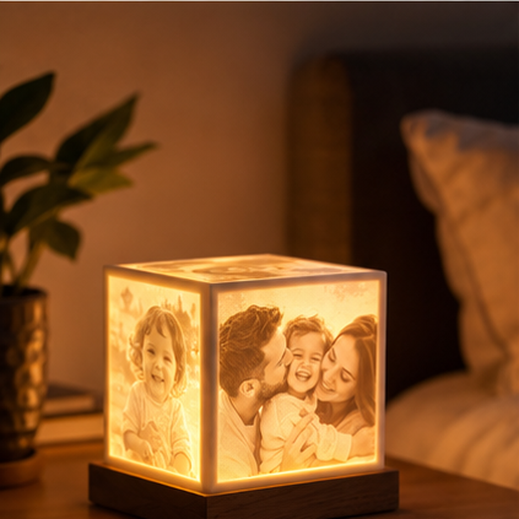 Glowing photo lithophane lightbox on a bedside table at night