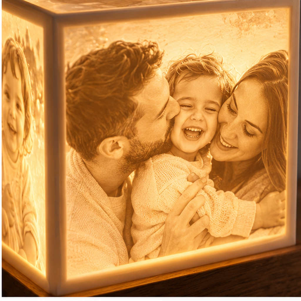 Close-up of family photo detail on a glowing lithophane lightbox face