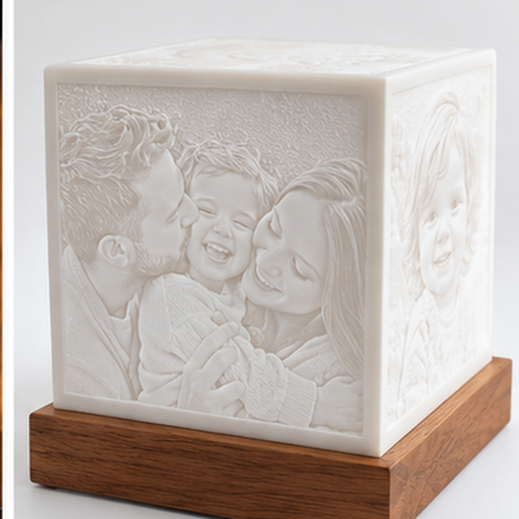 Unlit side view showing the 3D lithophane photo relief
