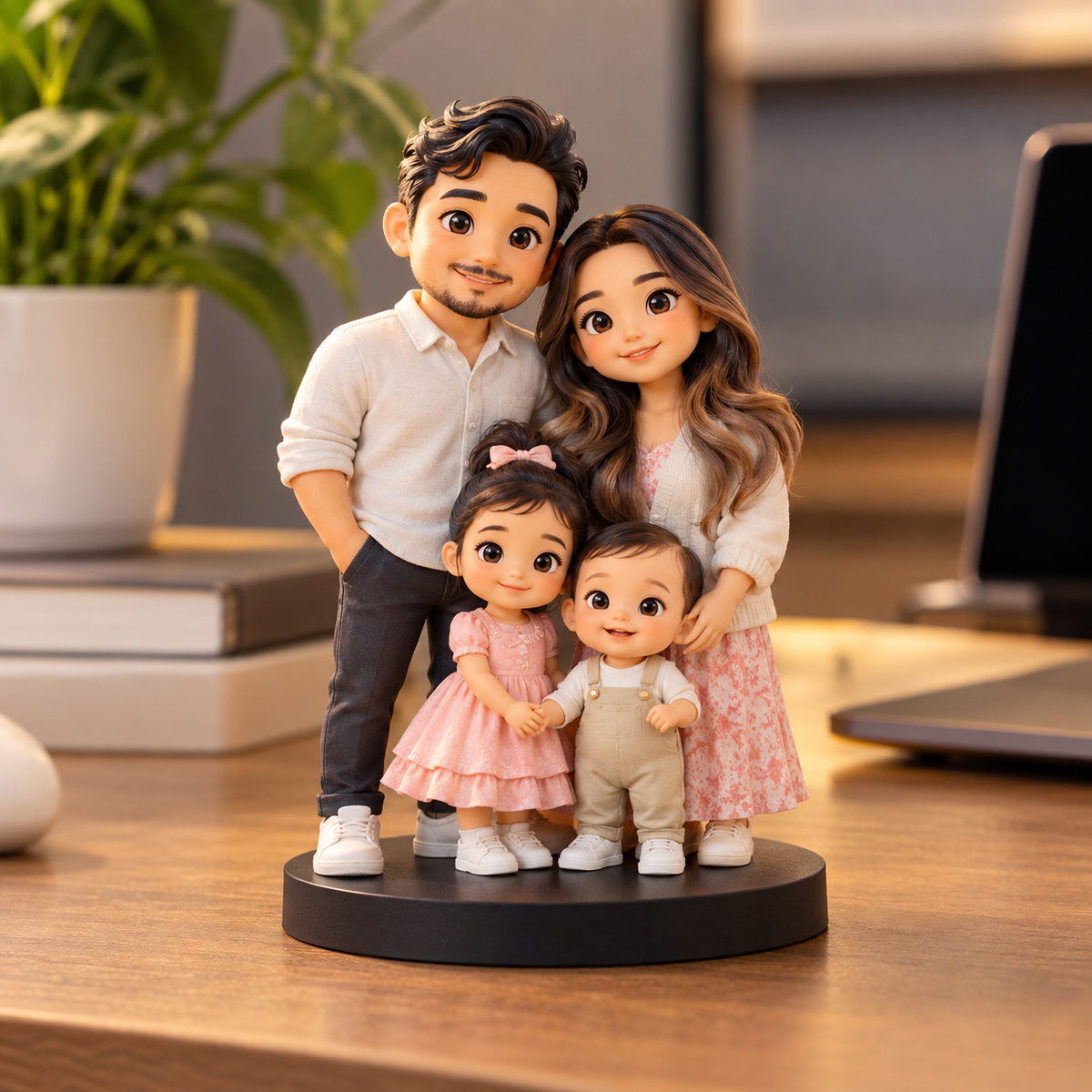 Cartoon-style family mini figurine on a tidy desk, front view