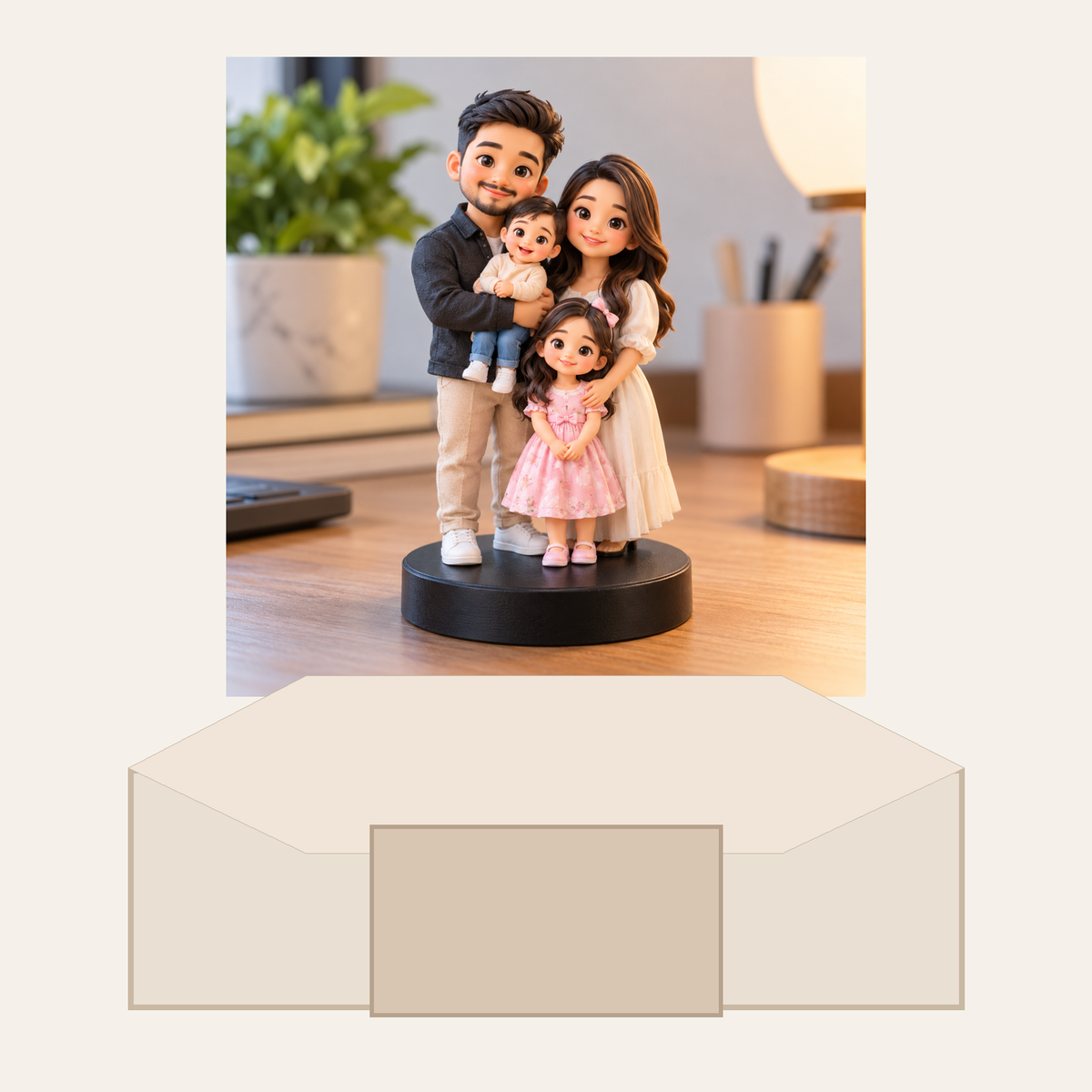 Cartoon-style family mini figurine in open gift packaging