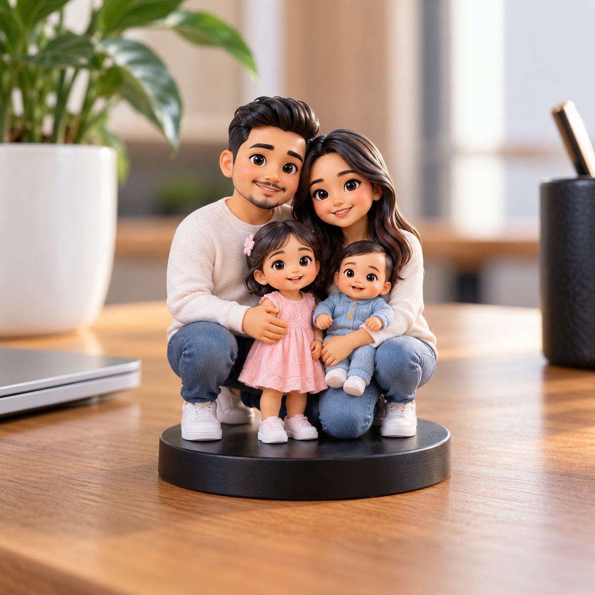 Cartoon-style family mini figurine beside a phone showing a family photo