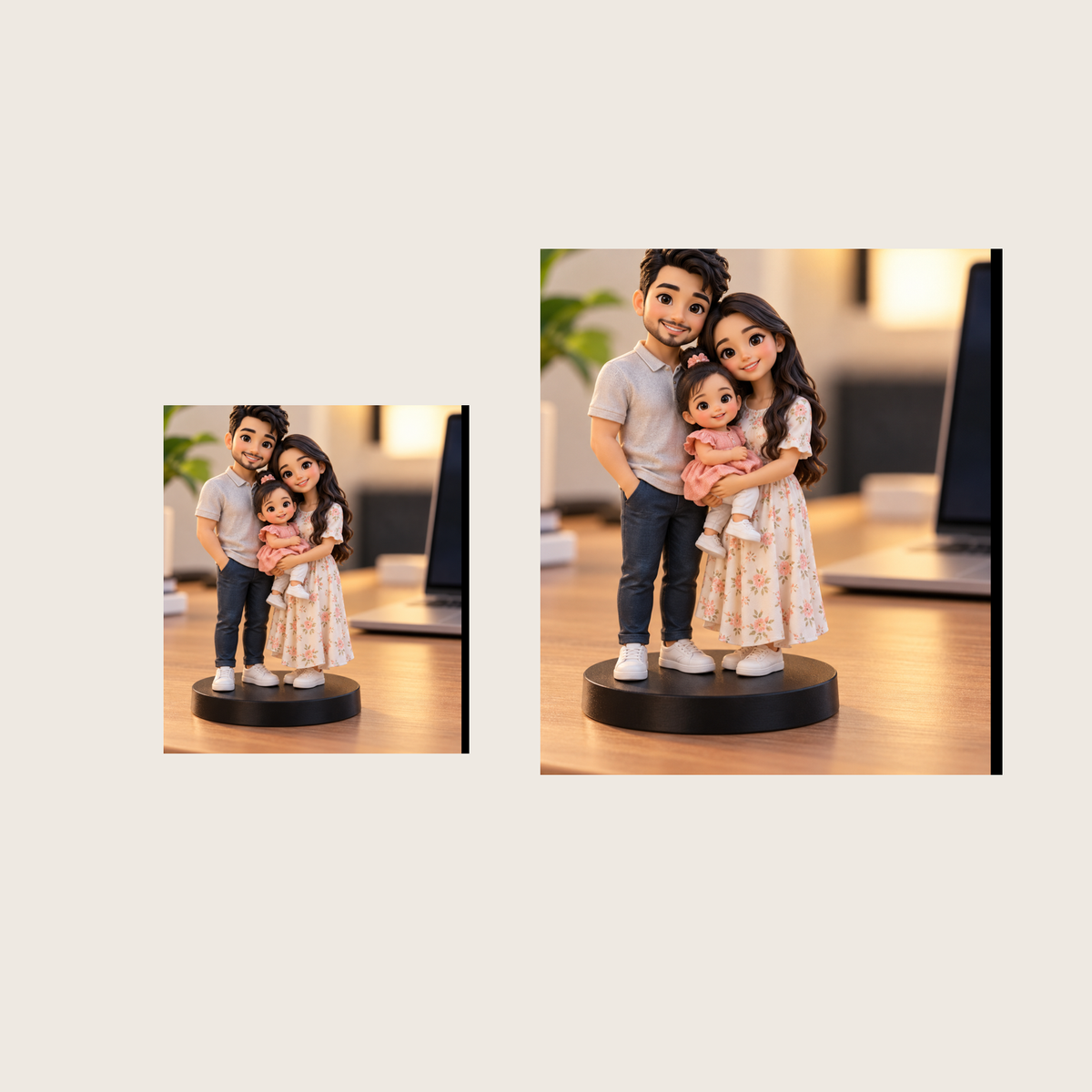 Two sizes of the cartoon-style family mini figurine side by side